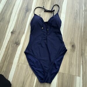 UNCOMMON SENSE LACE UP PLUNGE‎ NAVY BLUE ONE PIECE SWIMSUIT L New